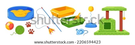 Set of Accessories for Cat Couch, Mouse and Rid with Feathers Toys, Ball, Clew. Leash with Collar, Paw Prints and Toilet Isolated Stuff for Kittens on White Background. Cartoon Vector Illustration