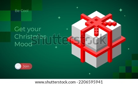 Christmas web banner, holiday gift cube box icon. Pixel crypto art style, vector illustration