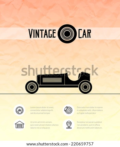 Retro sport racing vintage car with shadow isolated on color grunge paper texture, classic garage sign vector illustration background can be used for design, card, infographic