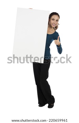 Attractive young woman with a blank placard for advertisement