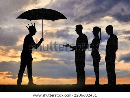 Selfishness and arrogance. Selfish man with a crown holding an umbrella laughing at people in the rain. The concept of complete egoism and arrogance. Silhouette Royalty-Free Stock Photo #2206602451