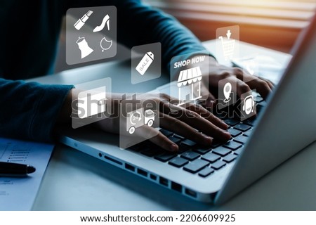 woman hand online shopping on laptop computer with virtual graphic icon diagram on desk, payment online, shopping online, digital marketing, business finance, internet network technology concept