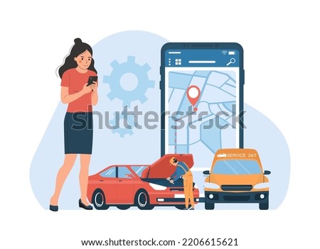 Roadside assistance service concept. Woman called auto mechanic from roadside assistance. Vector illustration. Royalty-Free Stock Photo #2206615621