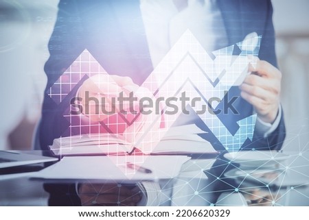 Businessman with creative business upward arrows on people hands background. Financial growth concept. Multi exposure.