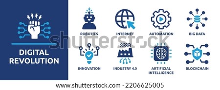 Digital revolution vector icon set. Industry 4.0 collection with future technology as robotics, big data and blockchain sign symbol. Royalty-Free Stock Photo #2206625005