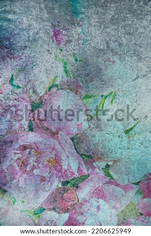 Floral abstract rough dirty background. Peonies on concrete. No focus.