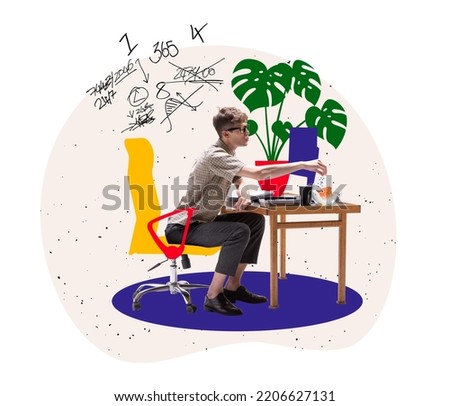 Smart and serious student feeding goldfish at home. Bright contemporary art collage. Colorful minimalism. Business, studying, education, youth, remote workplace concept.Copy space for text