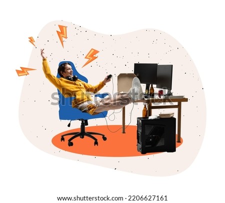 Young man, student sitting at home, playing computer games. Bright contemporary art collage. Colorful minimalism. Business, studying, education, youth, remote workplace concept.Copy space for text