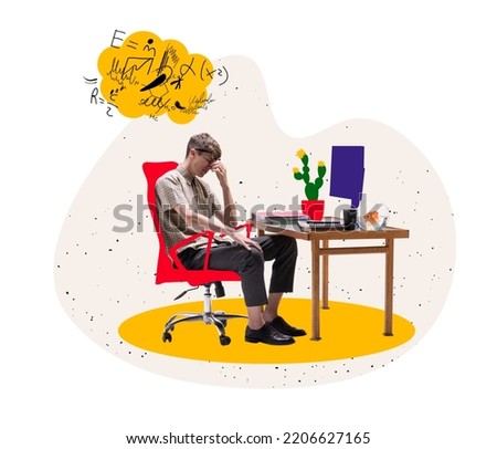 Smart thinking. Young man sitting at home and working at computer. Bright contemporary art collage. Business, studying, education, youth, remote workplace concept.Copy space for text