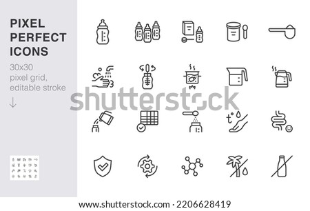Baby food line icon set. Infant formula - bottle, wash hands, sterilize, digestion minimal vector illustration. Simple outline sign for powder milk package. 30x30 Pixel Perfect, Editable Stroke Royalty-Free Stock Photo #2206628419