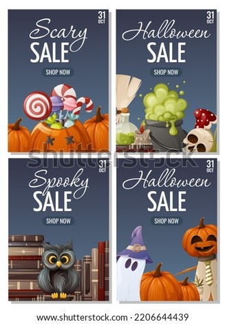 Halloween sale poster set. Pumpkins with sweet treat, bookstore and owl, ghost and scarecrow, attribute for divination, skull, potion, candle. Vector illustration. For banner, flyer, store. A4 format