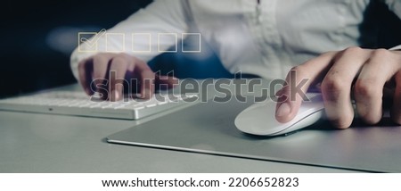 businessman checking on the checklist with a virtual screen, modern on dark blue background , copy space ,concept of decision making