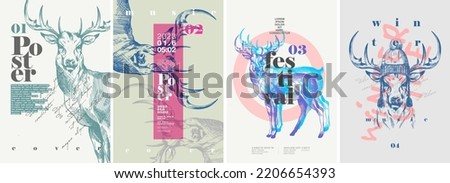 Deer. Scandinavian theme. Set of abstract vector illustrations. Typography and background engraving illustrations . Label, poster, cover, t-shirt print. Royalty-Free Stock Photo #2206654393