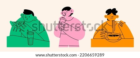 Portraits of young people eating pizza, ramen and drinking beverage from glass. Fast food concept. Cute abstract characters. Cartoon style. Hand drawn trendy Vector set. Isolated illustrations Royalty-Free Stock Photo #2206659289