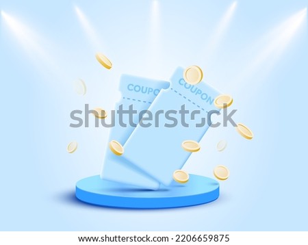 3d coupon with coins in blue podium background. 3d discount coupon with coins. Voucher card cash back template design with coupon code promotion. Vector illustration.