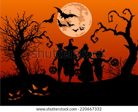 Halloween background with silhouettes of children trick or treating in Halloween costume