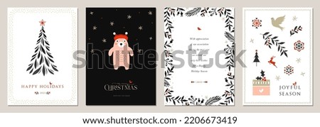 Winter Scandinavian Holiday cards. Christmas templates with decorative Christmas Tree, Teddy Bear, gift box, Dove, snowflakes, ornate floral background and frame with copy space, birds and greetings.