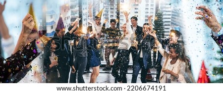 Banner of celebrate and victory to business success with colleagues, celebration party event with co-worker partner marketing team, winner successful with startup teamwork having smile happy together Royalty-Free Stock Photo #2206674191