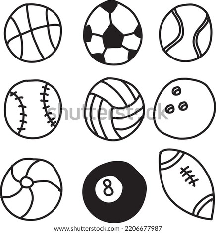 set of sport ball basket ball soccer bowling volley ball american football with cartoon hand draw vector style design