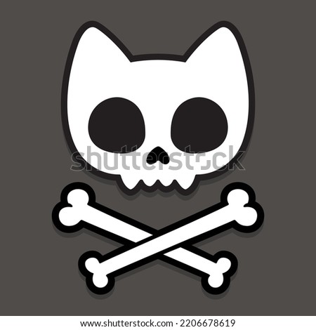 Cute cartoon cat skull and crossbones. Simple hand drawn kawaii Jolly Roger sign, vector illustration on dark background.