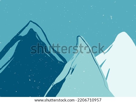 Winter abstract landscape with mountain peaks. Winter background in blue tones. Night mountain landscape with falling snow. Modern style.