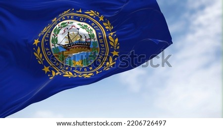 The flag of New Hampshire state flag waving in the wind. New Hampshire is a state in the New England region of the northeastern United States. Us state flag Royalty-Free Stock Photo #2206726497