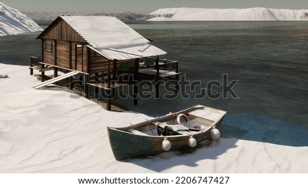 Boat near the Lake. Winter Landscape