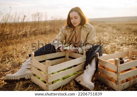 Beautiful woman taking pictures in the autumn field. Autumn harvest.