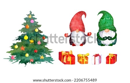 Christmas gnomes set. Watercolor clip art - Christmas tree with decorative balls, gift boxes, family of nordic cartoon character dwarf. New Year, Xmas holiday card design collection