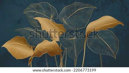 Abstract art background with tropical leaves in gold line art style. Botanical banner with exotic plants for wallpaper, decor. print, packaging, textiles, interior.