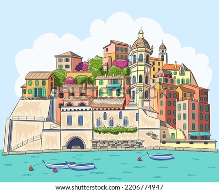 Color drawing of the Italian village Vernazza against the backdrop of the blue sea. Royalty-Free Stock Photo #2206774947