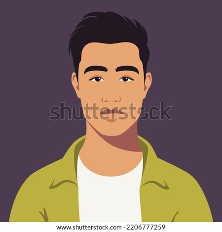 Portrait of young asian man. Portrait of serious student. Avatar of eastern guy for social networks. Abstract male portrait, full face. Stock vector isolated illustration in flat style.