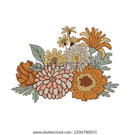 Retro floral composition in 60s-70s style isolated on white background. Vector illustration with botanical elements.