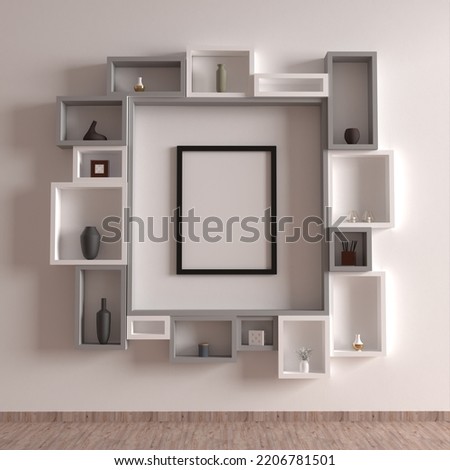 Interior mockup poster with black vertical frame and wall shelves on white wall background with wooden flooring