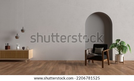 Living room interior with cabinet, armchair, potted plant and hanging lights on white wall background with wooden flooring