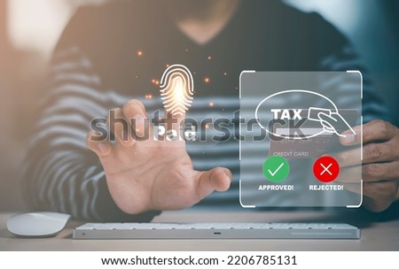 Concept Online payment ,Hand touch banking online bill payment Approved concept button, credit card and network connection icon on business technology virtual screen background