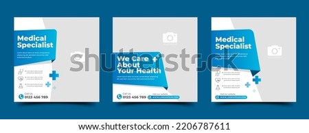 Medical and healthcare square banner template design. White background with blue shape. Suitable for social media post, and web ads. Royalty-Free Stock Photo #2206787611