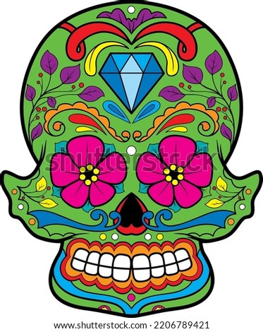 Green Mexican Skull with Colorful Details 1
