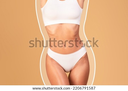 Weightloss concept. Slim lady in underwear with drawn outlines around her body posing over beige background, young woman enjoying her perfect figure, collage