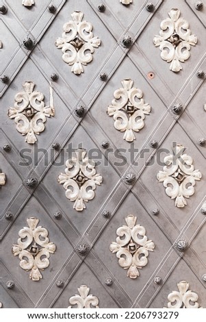 White regular petal ornaments on iron doors with iron rivets and screws. Vintage interior.