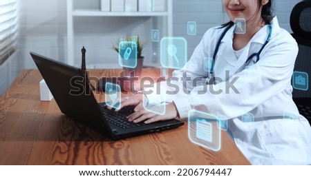 Doctor working office research studying health for illness disease, using modern computer technology display assistance artificial intelligence AI, healthcare medical staff in hospital clinic office