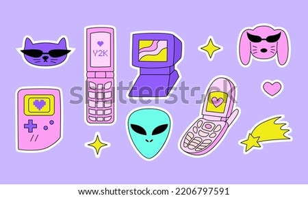 Set of cute y2k stickers in retrowave aesthetic. Alien, retro computer, flip phones, cat, dog and stars. Vector illustration in 90s, 00s nostalgia style Royalty-Free Stock Photo #2206797591