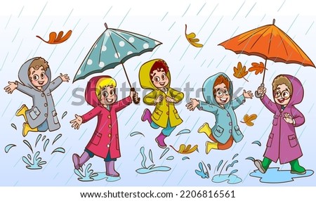 Smiling Little Kids Jumping in a Puddle in Rainy Day Vector Illustration
