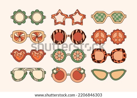 Groovy Sunglasses Set in Retro Hippie Style . Geometric Abstract Vector Eyewear in 1970s in Different Forms: Heart, Peace Symbol, Stars, Daisy Flowers for Print on T-Shirts, Cards, Creating Logo Royalty-Free Stock Photo #2206846303