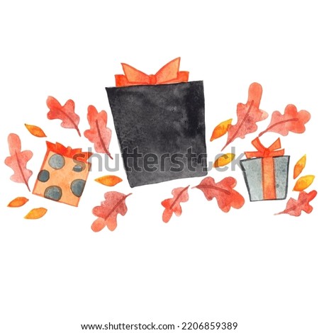 Halloween gift box with fall oak leaves watercolor illustration for decoration on Halloween festival.