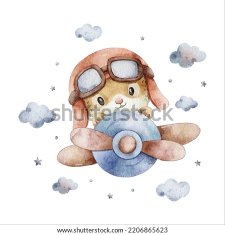 cute animal flying on airplane watercolor clipart illustration with isolated background