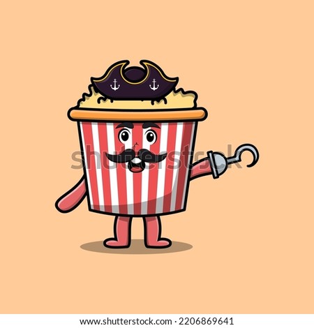 Cute cartoon pirate Popcorn with hook hand in 3d modern style design illustration