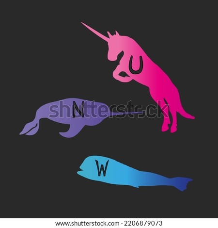 Conceptual silhouette of an animal with text inside. Animal with text of a large set of animals with text as a blank for designers, logo, icon. Kids wild animal alphabet collection. Narwhal, unicorn