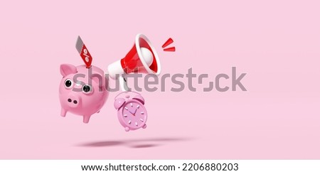 clock alarm with piggy bank, megaphone, discount sales isolated on pink. price tags coupon, announce promotion news, last minute offer, flat sales, saving money, 3d render illustration, clipping path