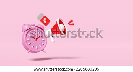 clock alarm with megaphone, discount sales isolated on pink. price tags coupon, announce promotion news, last minute offer, flat sales shopping concept, 3d render illustration, clipping path